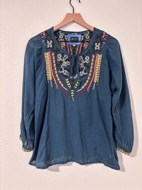 Biya by Johnny Was Blue Embroidered Peasant Blouse - Boho Long Sleeve Top Size S
